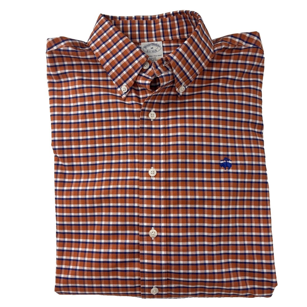 Brooks Brothers Mens Medium Non-Iron Supima Cotton Plaid Shirt Slim Fit Orange